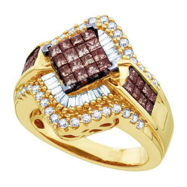 1.50 Carat (ctw) 14k Yellow Gold Round Baguette & Princess Cut Champagne& White Diamond Ladies Invisible Bridal Ring