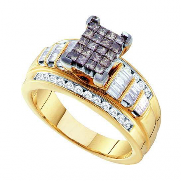1.00 Carat (ctw) 14k Yellow Gold Round Baguette & Princess Cut White & Champagne Diamond Ladies Invisible Engagement Ring