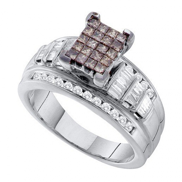 1.00 Carat (ctw) 14k White Gold Round Baguette & Princess Cut White & Champagne Diamond Ladies Invisible Engagement Ring