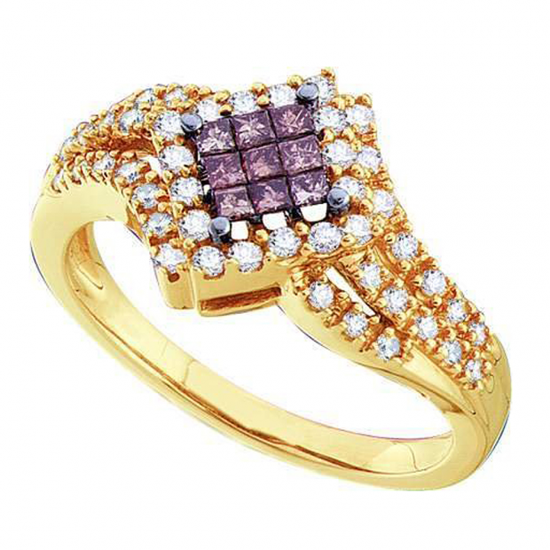 0.50 Carat (ctw) 14k Yellow Gold Round & Princess Cut Champagne & White Diamond Ladies Invisible Engagemeant Ring