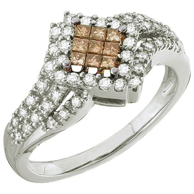 0.50 Carat (ctw) 14k White Gold Round & Princess Cut Champagne & White Diamond Ladies Invisible Engagemeant Ring