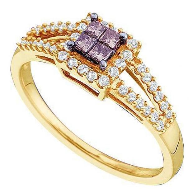 0.33 Carat (ctw) 14k Yellow Gold Round Champagne & White Diamond Ladies Split Shank Invisible Engagement Ring