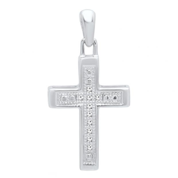 1/20 CT Sterling Silver Round White Diamond Ladies Religious Cross Pendant