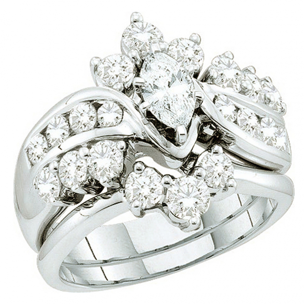 1.99 Carat (ctw) 14k White Gold Round & Marquise Cut White Diamond Ladies Bridal Engagement Ring Set