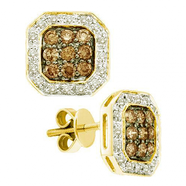 0.77 Carat (ctw) 14k Yellow Gold Round Brown & White Diamond Ladies Fashion Earrings