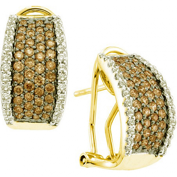 1.51 Carat (ctw) 14k Yellow Gold Round White & Champagne Diamond Ladies Fashion Earrings