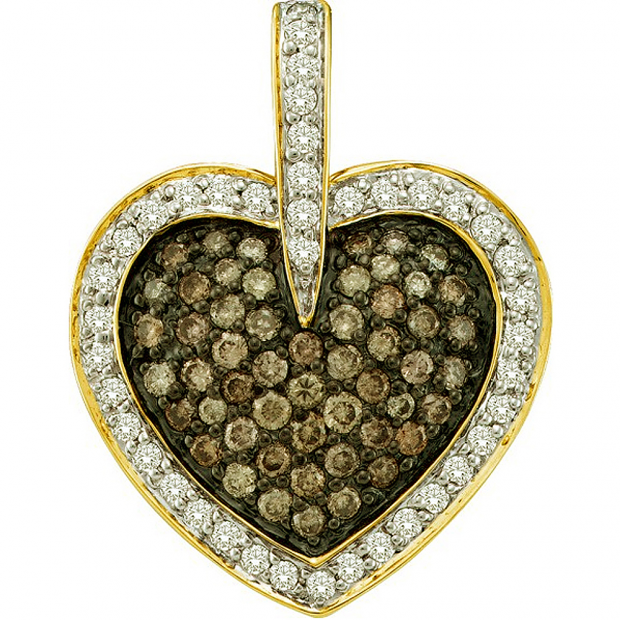 1.00 Carat (ctw) 14k Yellow Gold Round Brown & White Diamond Ladies Heart Pendant