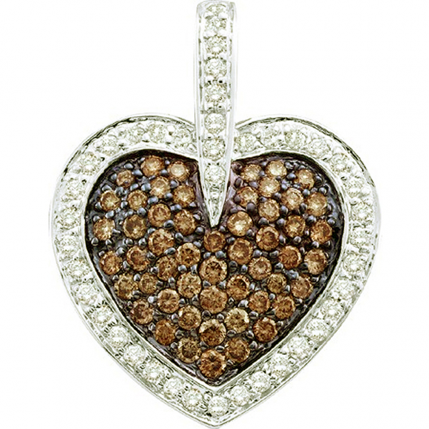 1.00 Carat (ctw) 14k White Gold Round Brown & White Diamond Ladies Heart Pendant