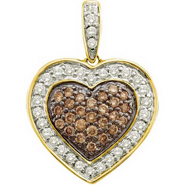 0.50 Carat (ctw) 14k Yellow Gold Round Brown & White Diamond Ladies Heart Pendant