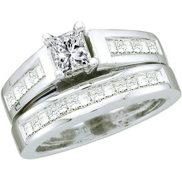 2.00 Carat (ctw) 14k White Gold Princess Cut White Diamond Ladies Bridal Engagement Ring Set