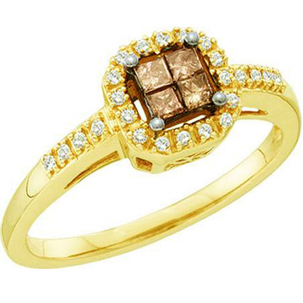 0.25 Carat (ctw) 10k Yellow Gold Champagne & White Diamond Ladies Invisible Set Engagement Ring
