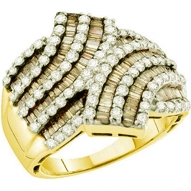 1.75 Carat (ctw) 14k Yellow Gold Round & Baguette Cut White & Brown Diamond Ladies Right Hand Fashion Band