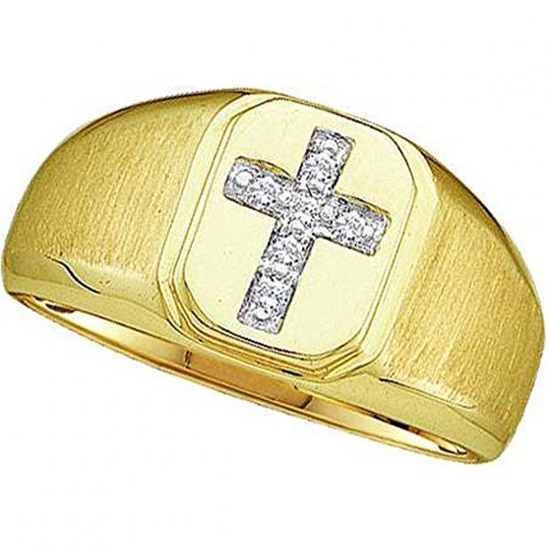 0.05 Carat (ctw) Religous Cross Round White Diamond Masucline Solid Engagement Ring | 14K Yellow Gold