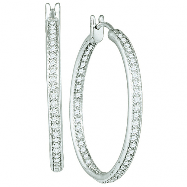 1.00 Carat (ctw) 14k White Gold Brilliant White Diamond Ladies Milgrain Fashion Hoop Earrings