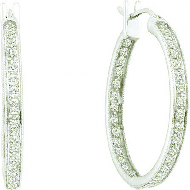 1.00 Carat (ctw) 14k White Gold Round White Diamond Ladies Milgrain Hoop Earrings