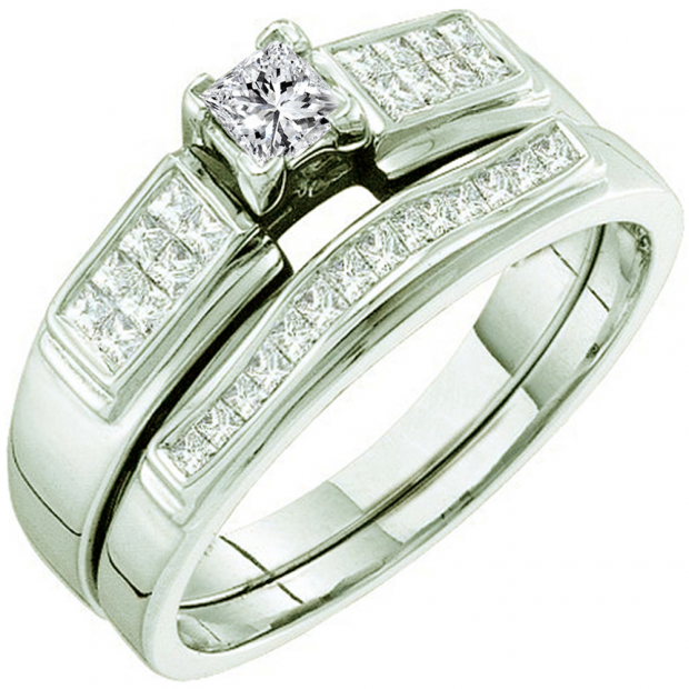 0.50 Carat (ctw) 14k White Gold Princess Cut White Diamond Ladies Bridal Engagement Ring Set