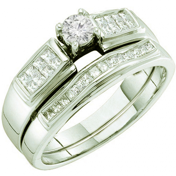 0.50 Carat (ctw) 14k White Gold Round & Princess Cut White Diamond Ladies Bridal Engagement Ring Set