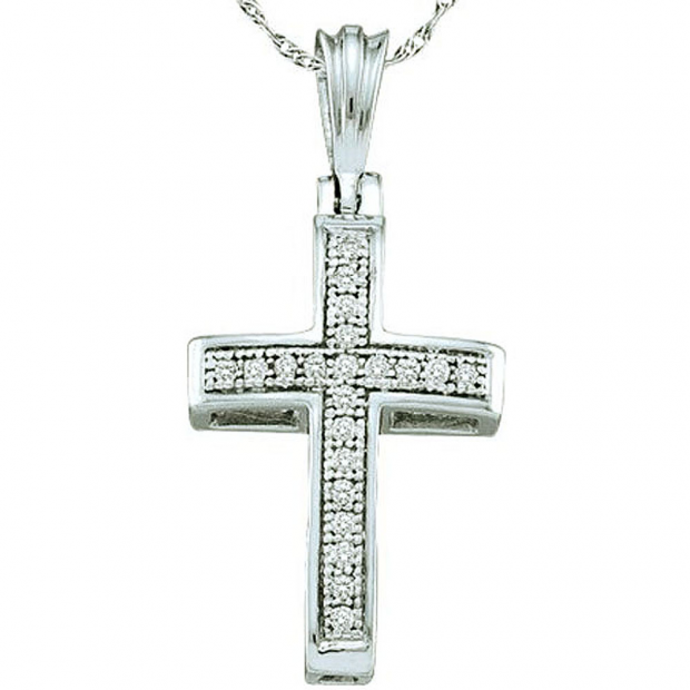0.07 Carat (ctw) 10k White Gold Micro Pave White Diamond Ladies Religious Cross Pendant