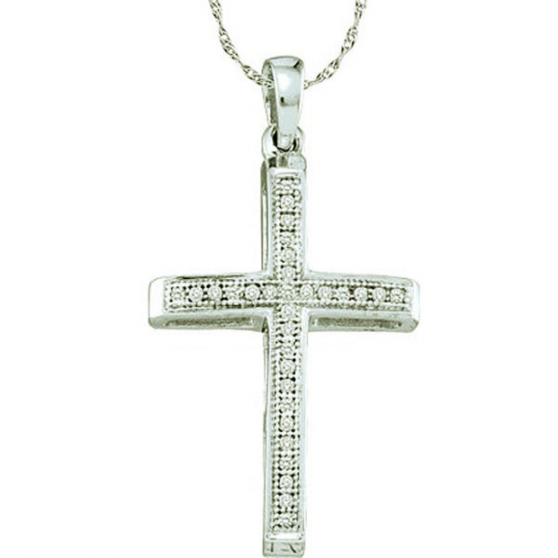0.08 Carat (ctw) 10k White Gold Micro Pave White Diamond Ladies Cross Pendant
