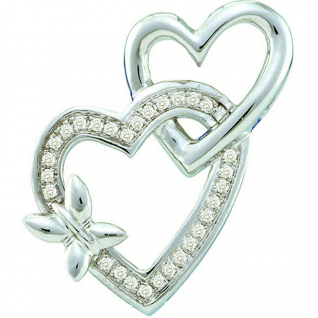 0.10 Carat (ctw) 10k White Gold Round Diamond Ladies Double Heart Pendant