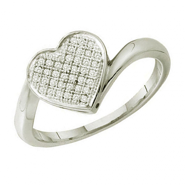 0.10 Carat (ctw) 10k White Gold Round Diamond Ladies Micro Pave Promise Heart Engagement Ring