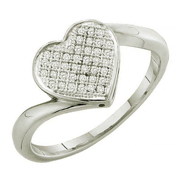 0.05 Carat (ctw) 10k White Gold Brilliant White Diamond Ladies Bridal Promise Heart Ring
