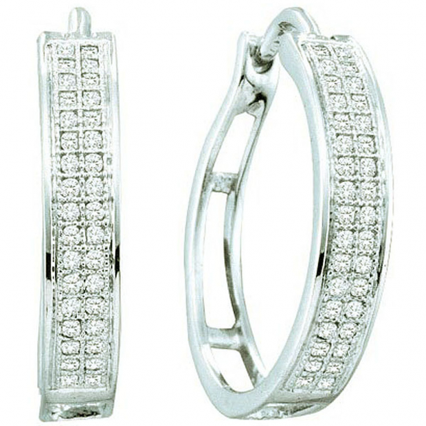 0.20 Carat (ctw) 10k White Gold Round Diamond Ladies Micro Pave Hoop Earrings