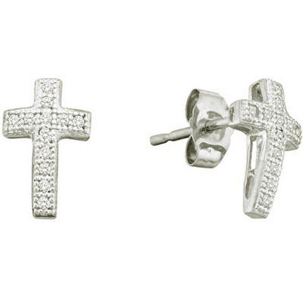 0.10 Carat (ctw) 10k White Gold White Diamond Ladies Micro Pave Cross Earrings