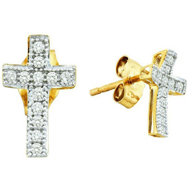 0.10 Carat (ctw) 10k Yellow Gold White Diamond Ladies Micro Pave Cross Earrings