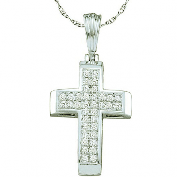 0.13 Carat (ctw) 10k White Gold White Diamond Ladies Micro Pave Cross Pendant