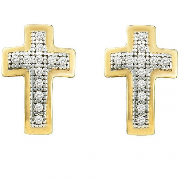 0.10 Carat (ctw) 10k Yellow Gold White Diamond Ladies Micro Pave Cross Earrings