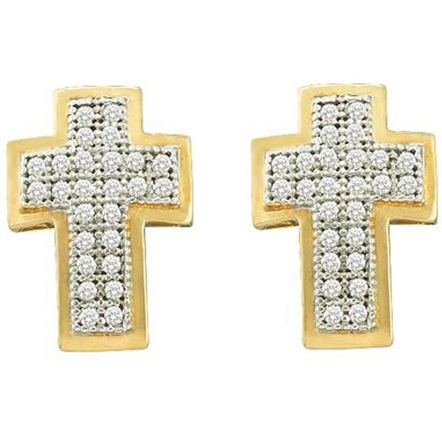 0.15 Carat (ctw) 10k Yellow Gold White Diamond Ladies Micro Pave Cross Earrings