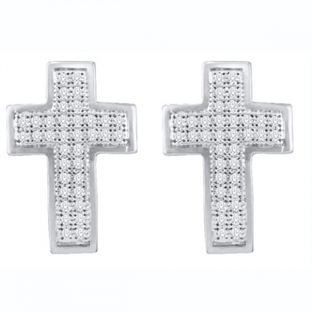0.20 Carat (ctw) 10K White Gold Round White Diamond Ladies Micro Pave Cross Earrings 1/5 CT