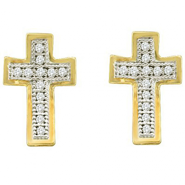 0.10 Carat (ctw) 10k Yellow Gold White Diamond Ladies Micro Pave Cross Earrings