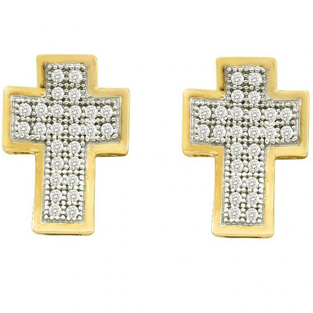 0.15 Carat (ctw) 10k Yellow Gold White Diamond Ladies Micro Pave Cross Earrings