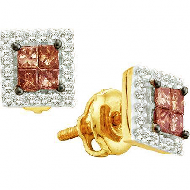 0.33 Carat (ctw) 14k Yellow Gold Brown & White Diamond Ladies Invisible Set Stud Earrings