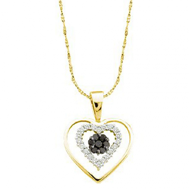 0.25 Carat (ctw) 10k Yellow Gold Black & White Diamond Ladies Cluster Heart Pendant