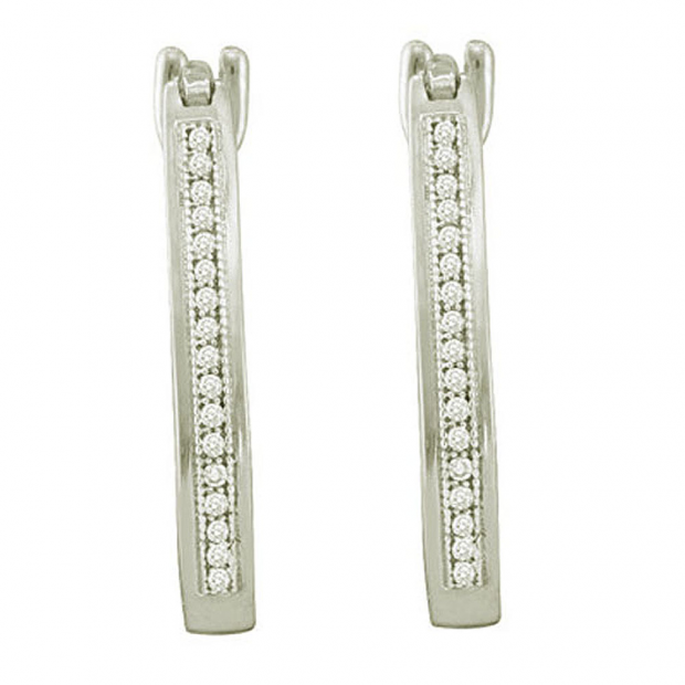 0.15 CT 10k White Gold Round Diamond Micro Pave Hoop Earrings
