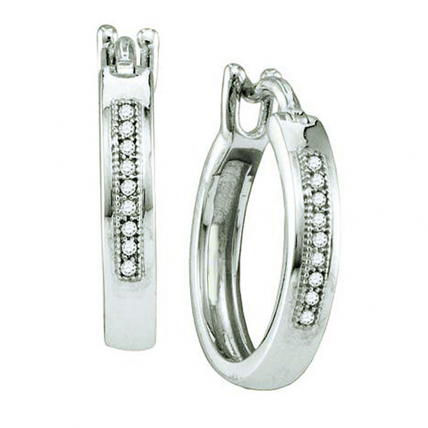 0.06 Carat (ctw) 10k White Gold Round White Diamond Ladies Micro Pave Hoop Earrings