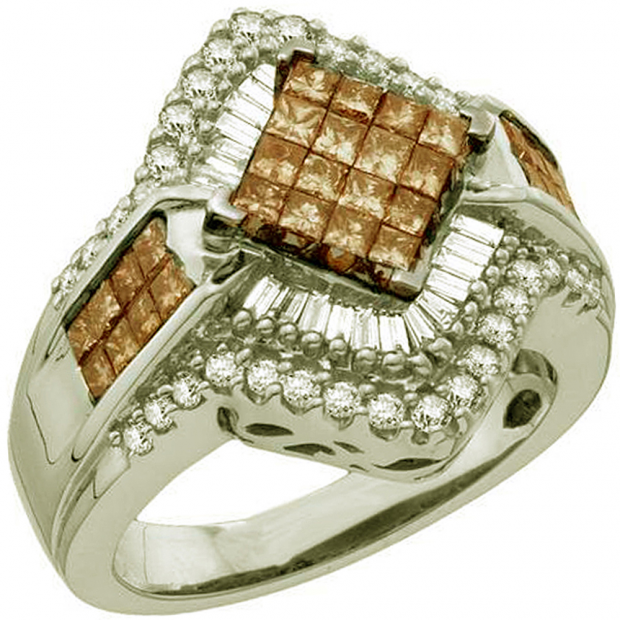 1.50 Carat (ctw) 10k White Gold Round Baguette & Princess Cut White & Champagne Diamond Ladies Invisible Bridal Ring