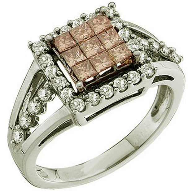 1.00 Carat (ctw) 10k White Gold Round & Princess Cut Champagne & White Diamond Ladies Invisible Engagement Ring