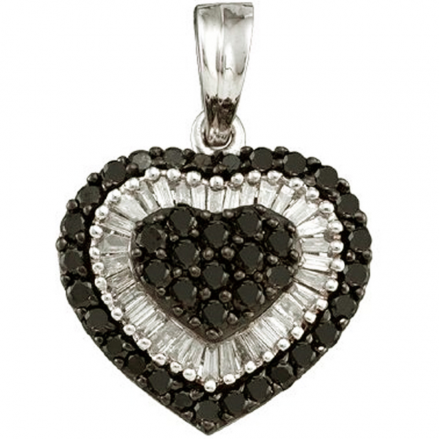 1.09 Carat (ctw) 14k White Gold Round & Baguette Cut Black & White Diamond Ladies Heart Pendant