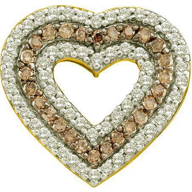 0.76 Carat (ctw) 14k Yellow Gold Round Brown & White Diamond Ladies Heart Pendant