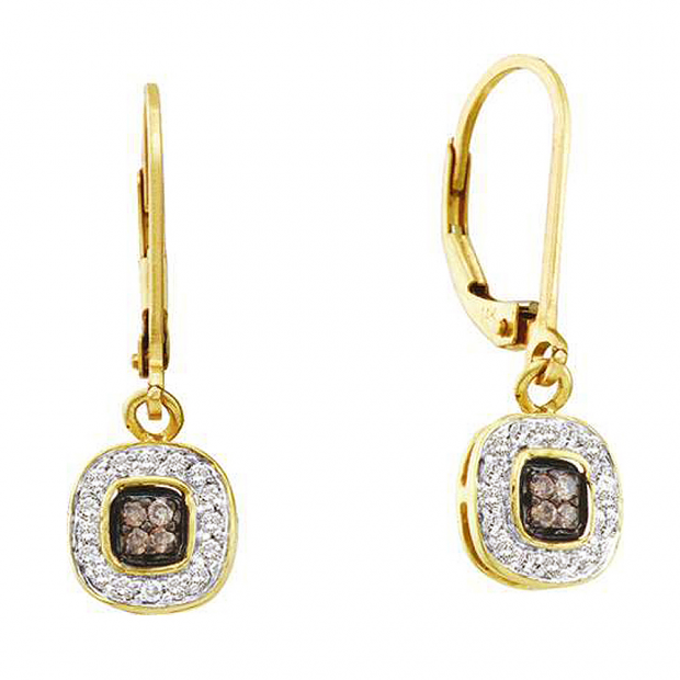 0.23 Carat (ctw) 14k Yellow Gold Round Champagne  & White Diamond Ladies Drop Earrings
