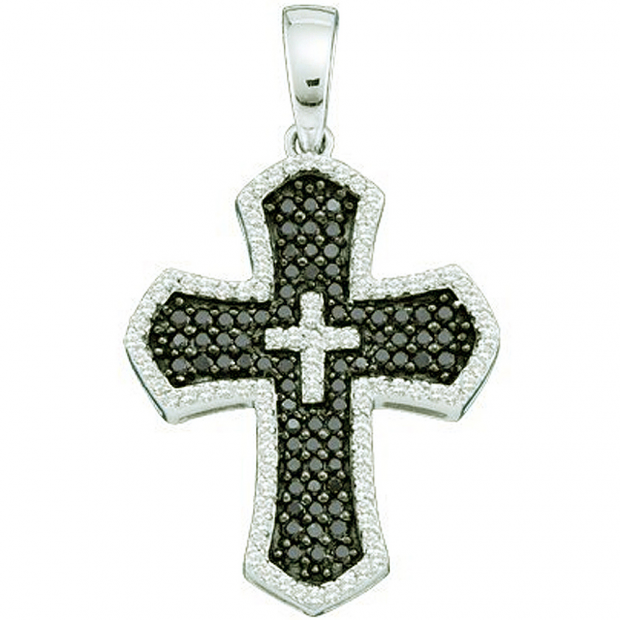 0.73 Carat (ctw) 14k White Gold Round Black & White Diamond Ladies Cross Pendant