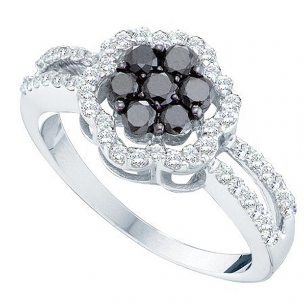0.83 Carat (ctw) 14k White Gold Round Black & White Diamond Ladies Split Shank Flower Engagement Ring
