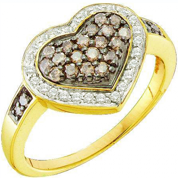 0.51 Carat (ctw) 14k Yellow Gold Round Brown & White Diamond Ladies Cocktail Heart Promise Ring