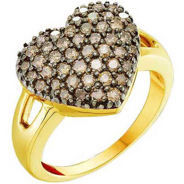 1.00 Carat (ctw) 14k Yellow Gold Round Brown Diamond Ladies Split Shank Heart Promise Ring