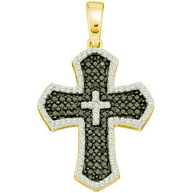 0.73 Carat (ctw) 14k Yellow Gold Round Black & White Diamond Ladies Cross Pendant