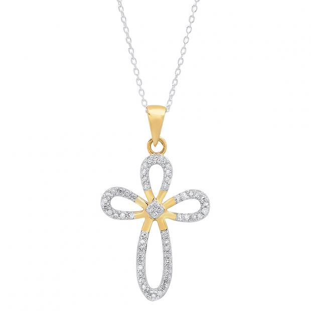 0.20 Carat (ctw) 10K Yellow Gold Round Diamond Ladies Cross Pendant 1/5 CT (Silver Chain Included)